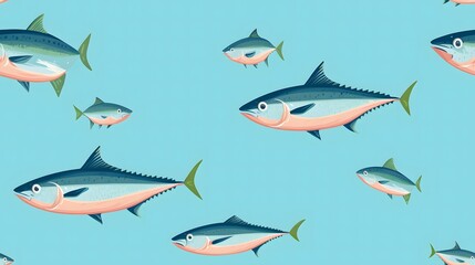 tuna fish seamless pattern on a blue  background.