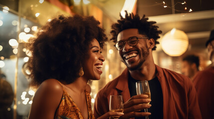 Black african american adults laughing and drinking having fun at a party in a bar