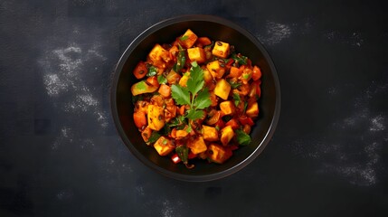veg kolhapuri in black bowl on dark slate table top.