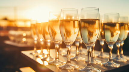 Many glasses filled with sparkling wine champagne with stunning sunset landscape