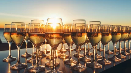 Poster Many glasses filled with sparkling wine champagne with stunning sunset landscape © Keitma