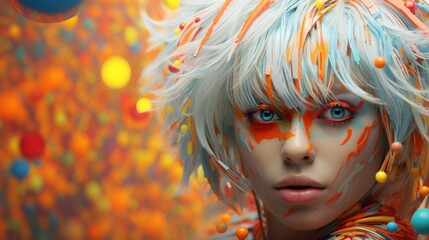 A woman with white hair and colorful makeup - obrazy, fototapety, plakaty