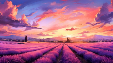 A vast lavender field at sunset, with the sky painted in shades of pink and orange