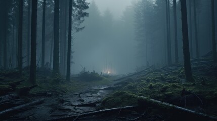 Obraz premium A trail in the woods with a light shining through the trees