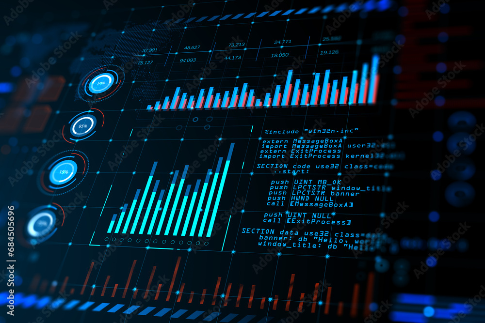 Poster Complex financial data visualization with coding overlay. 3D Rendering