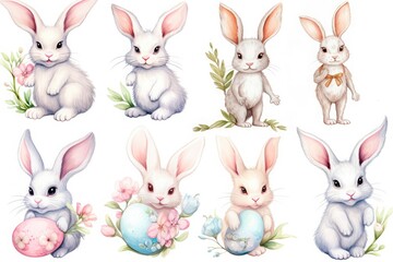 Fototapeta premium Easter bunny. Bunnies for kids standing with green leafs. Rabbit or hare, spring festival animal with flower and eggs. Cartoon holiday character