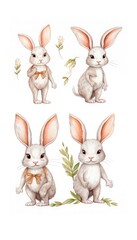 Set of four cute drawn Easter bunny or hare among spring flowers and green leaves in pastel colors. Stickers for children