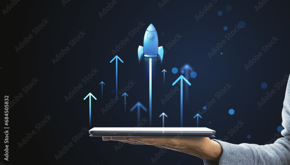 Poster Digital rocket launching from tablet on hand. Online startup and progress concept
