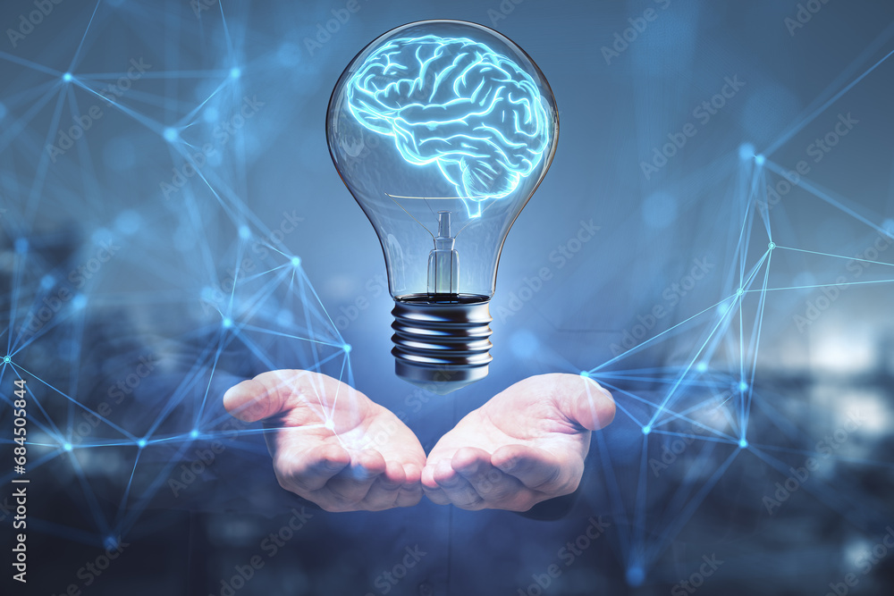 Poster Conceptual brain in a bulb with digital network background. Creativity in technology