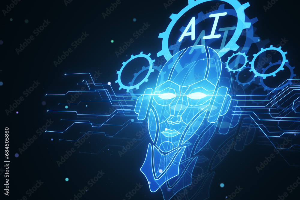 Poster Abstract glowing robot head and icons on dark blurry background. Chat GPT, machine learning and AI concept. 3D Rendering.