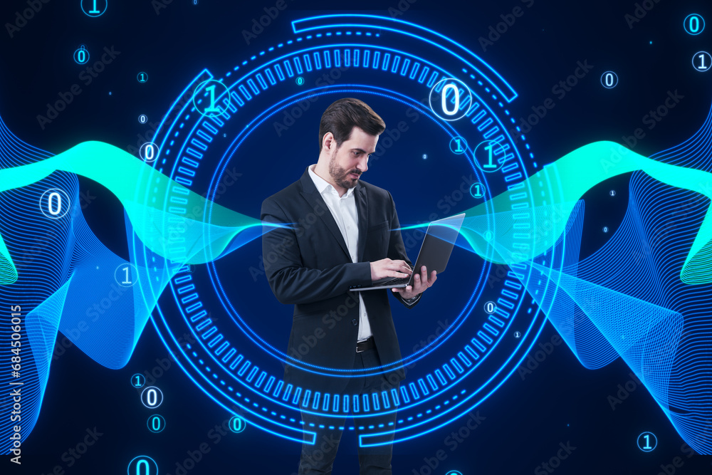 Poster Attractive caucasian man using laptop with abstract round big data hologram with binary code on dark background. Stream information, filtering machine algorithm concept.