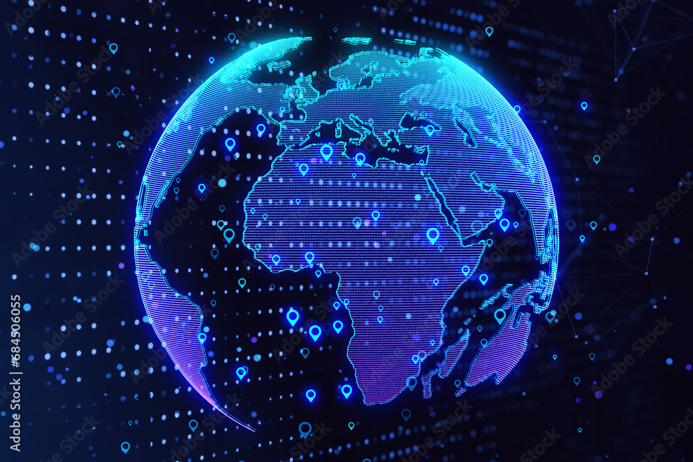 Poster Glowing globe hologram with location pins on dark backdrop. Elements of this image furnished by NASA. Marked location concept. 3D Rendering.