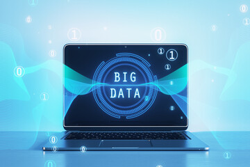 Close up of laptop with abstract round big data hologram with binary code on blurry light background. Stream information, filtering machine algorithm concept. 3D Rendering.