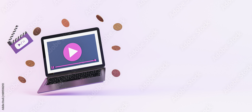 Poster laptop with video playback and coins on purple backdrop. streaming income concept. 3d rendering