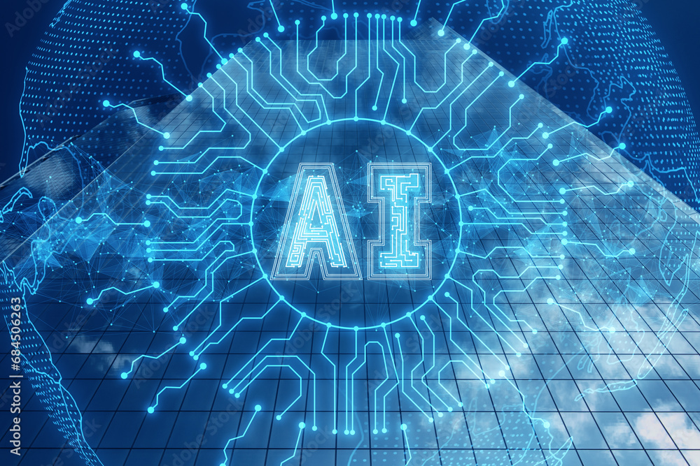 Poster Digital brain with AI lettering representing artificial intelligence on a global network background