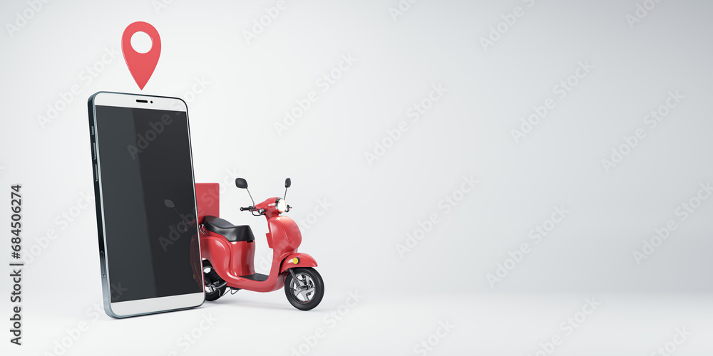 Poster smartphone showcasing delivery app interface with scooter graphic for online services. 3d rendering