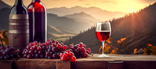 A bottle of red wine and glasses stand on a wooden barrel against the backdrop of the mountains. Grape branches. Sun rays. Beautiful view. Banner.