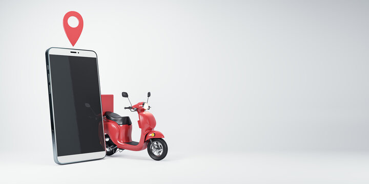 Smartphone showcasing delivery app interface with scooter graphic for online services. 3D Rendering