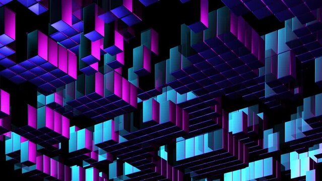 Abstract space composed of isometric rectangular neon 3D blocks that blink intermittently. Concept of database, information technology, or virtual reality. Looped animation features 3D digital bricks