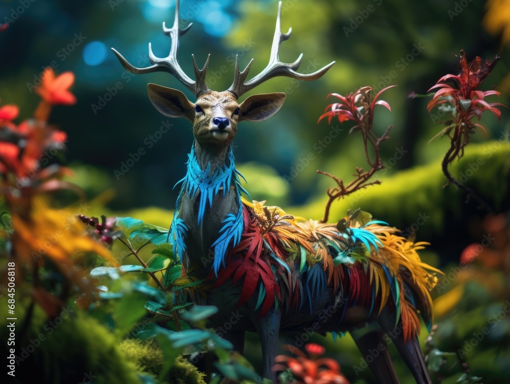 Poster a deer with colorful feathers standing in the woods. generative ai.