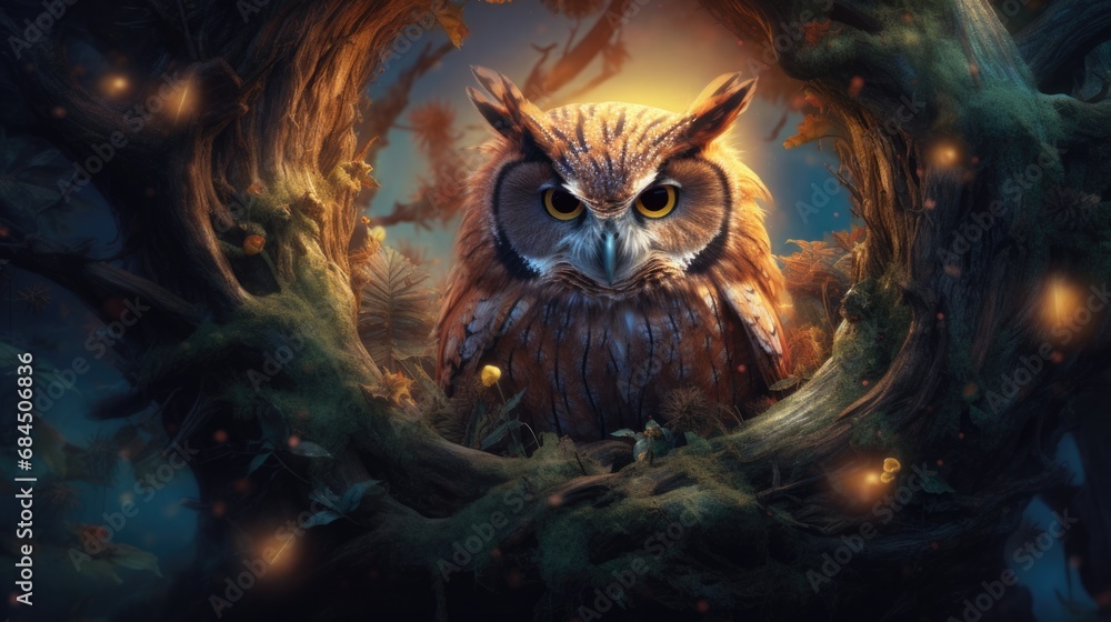 Poster an owl sits in a tree with glowing eyes. generative ai.