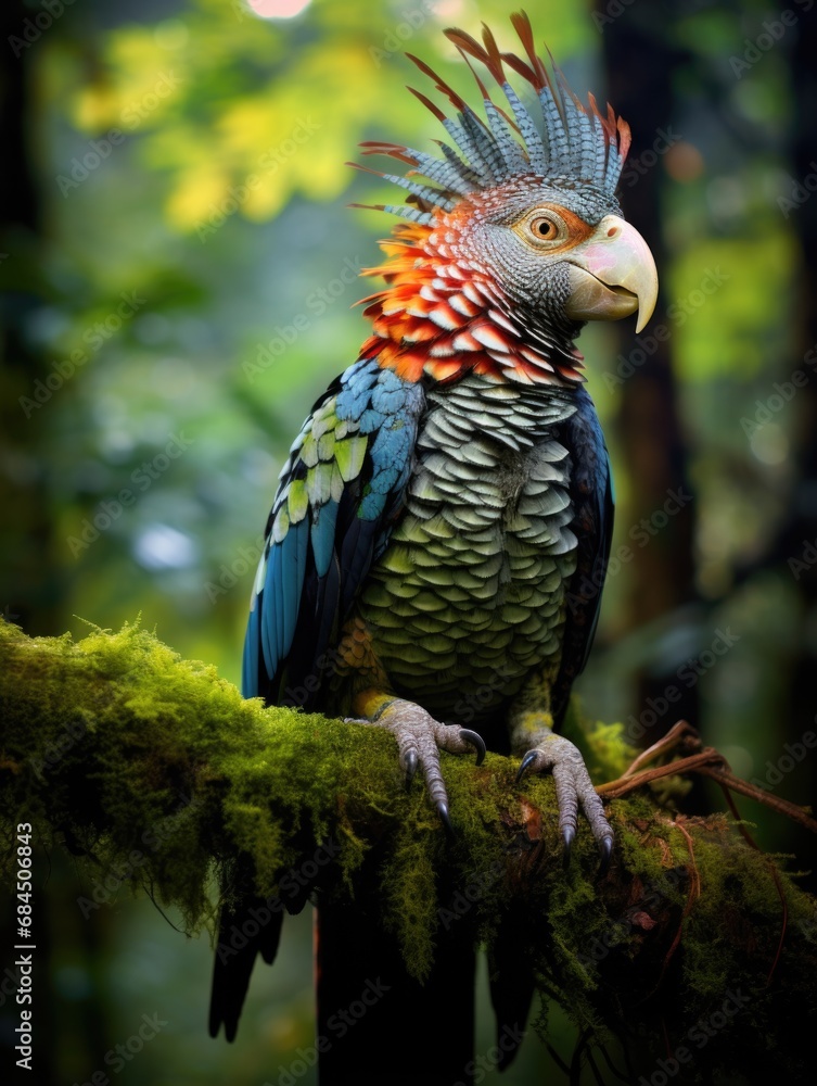 Poster a colorful parrot is sitting on a branch. generative ai.