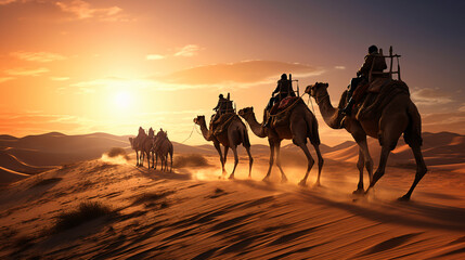 Camels caravan going in sahara desert - obrazy, fototapety, plakaty