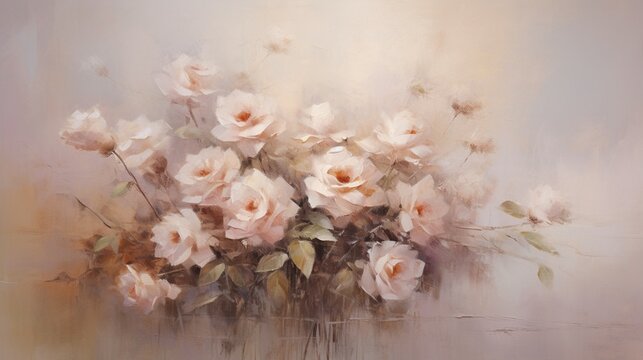 An elegant oil painting depicting a bouquet of delicate roses in soft, muted tones.