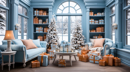 Christmas presents in classic living room with blue walls. Christmas tree in the background. 3d rendering. Generative AI technology