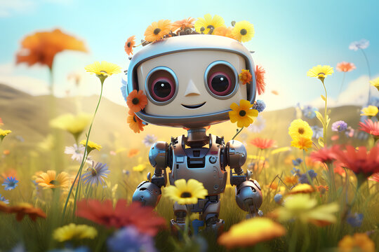 Cute character 3D image of 3D robot in flowers, high detail, landscape, cute character 3D image of cute character 3D image of robot face on human body with a bunch, flowers, cute chara. generative ai.
