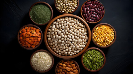 Different cereals and legumes- rice,peas, lentils, beans haricot millet buckwheat chickpea. Top view. generative ai. - obrazy, fototapety, plakaty