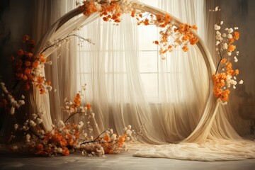 wedding backdrop, maternity backdrop, Light hoop weaved with orange flowers, white flowers, elegant wall background, flowing white satin drapes, backdrop, photography backdrop