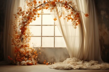 wedding backdrop, maternity backdrop, Light hoop weaved with orange flowers, white flowers, elegant wall background, flowing white satin drapes, backdrop, photography backdrop