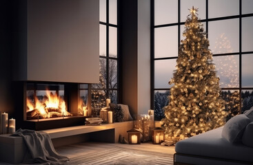 Fototapeta na wymiar New Year or Christmas living room interior in minimalist style. Christmas tree, fireplace, sofa and large window