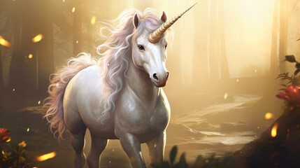 Obraz na płótnie Canvas White colt horse with unicorn horn funny and magical