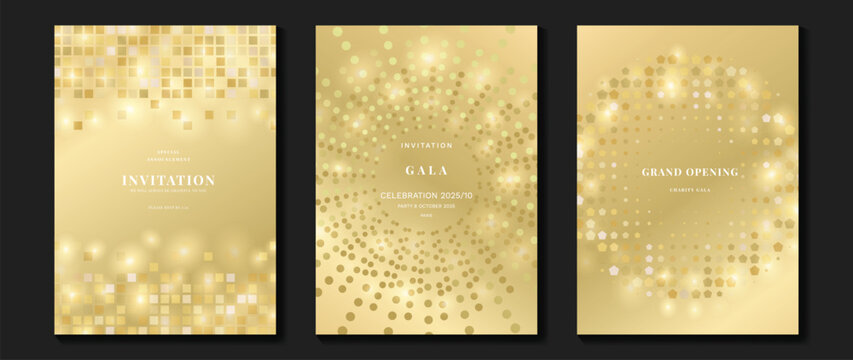 Luxury invitation card background vector. Golden elegant geometric shape, gold twinkling gradient on gold background. Premium design illustration for gala card, grand opening, party invitation.