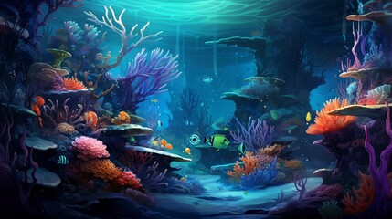 Fototapeta na wymiar A digital illustration of a fantastical underwater world with vibrant coral reefs and exotic sea creatures.