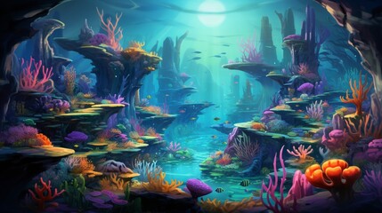 Naklejka na ściany i meble A digital illustration of a fantastical underwater world with vibrant coral reefs and exotic sea creatures.