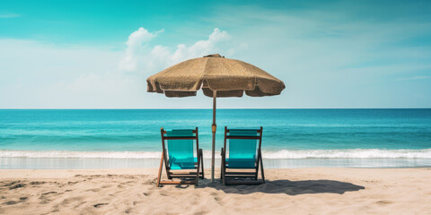 Two chairs and an umbrella on a beach