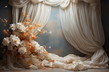 wedding backdrop, maternity backdrop, Light hoop weaved with orange flowers, white flowers, elegant wall background, flowing white satin drapes, backdrop, photography backdrop - obrazy, fototapety, plakaty