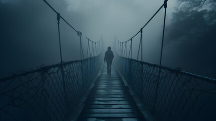 Fuzzy man walking on hanging bridge vanishing in fog. Focus on middle of bridge. generative ai. - obrazy, fototapety, plakaty