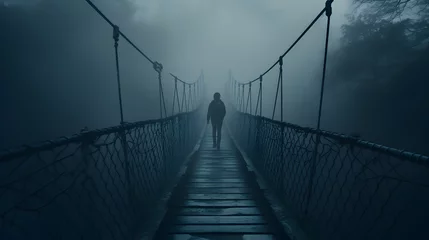  Fuzzy man walking on hanging bridge vanishing in fog. Focus on middle of bridge. generative ai. © mfz