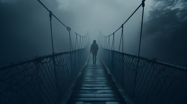 Fototapeta Fuzzy man walking on hanging bridge vanishing in fog. Focus on middle of bridge. generative ai.