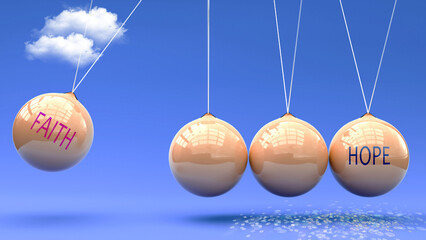 Faith leads to Hope. A Newton cradle metaphor in which Faith gives power to set Hope in motion. Cause and effect relation between Faith and Hope.,3d illustration
