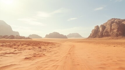 Fototapeta na wymiar Landscape view of dusty road going far away nowhere in Wadi Rum desert, Jordan