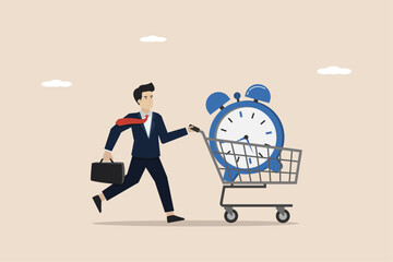 Buying time, paying for important time, buying work time, businessman shopping for time using shopping cart.