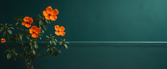 A single orange flower in front of a deep blue and green wall.