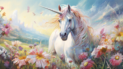 Obraz na płótnie Canvas White unicorn in a meadow of flower