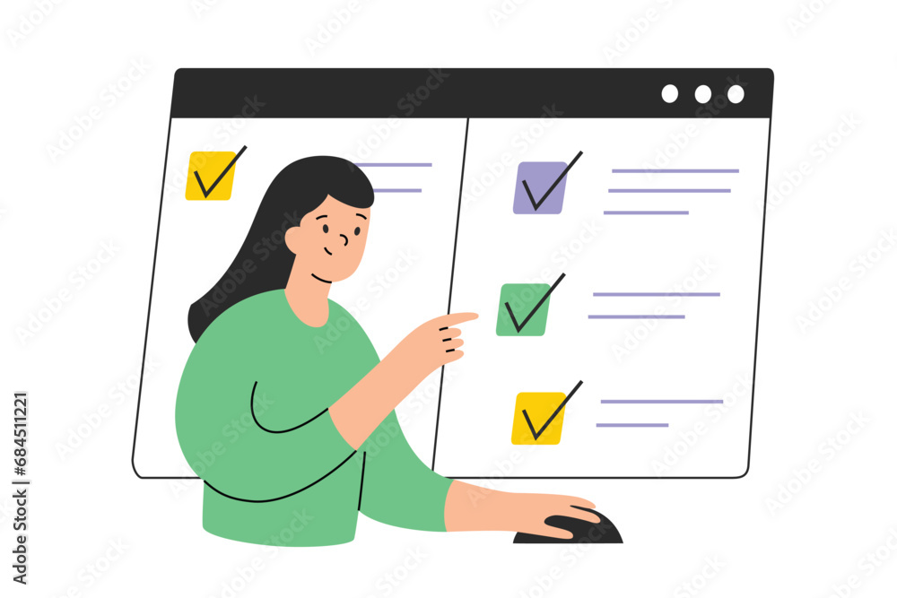 Poster student choosing answers in online test, quiz interface on screen, vector illustration of checkboxes