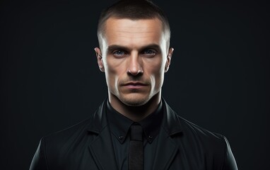 Obraz premium Intense Gaze: Striking Male Portrait in Black Attire Against Dark Background